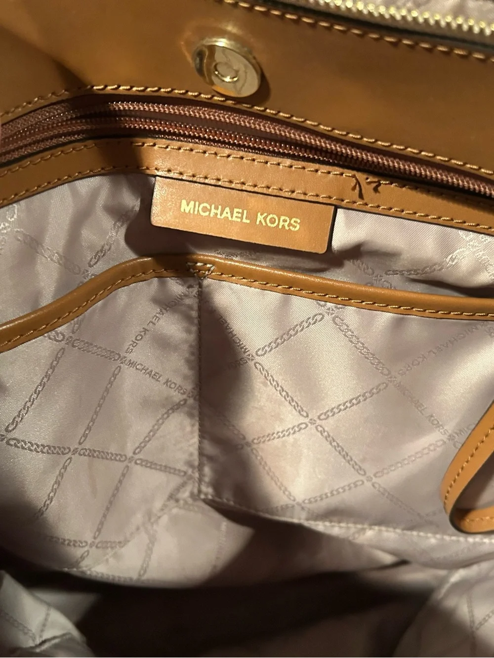 Michael Kors Cream Logo Tote with Tan Leather Trim